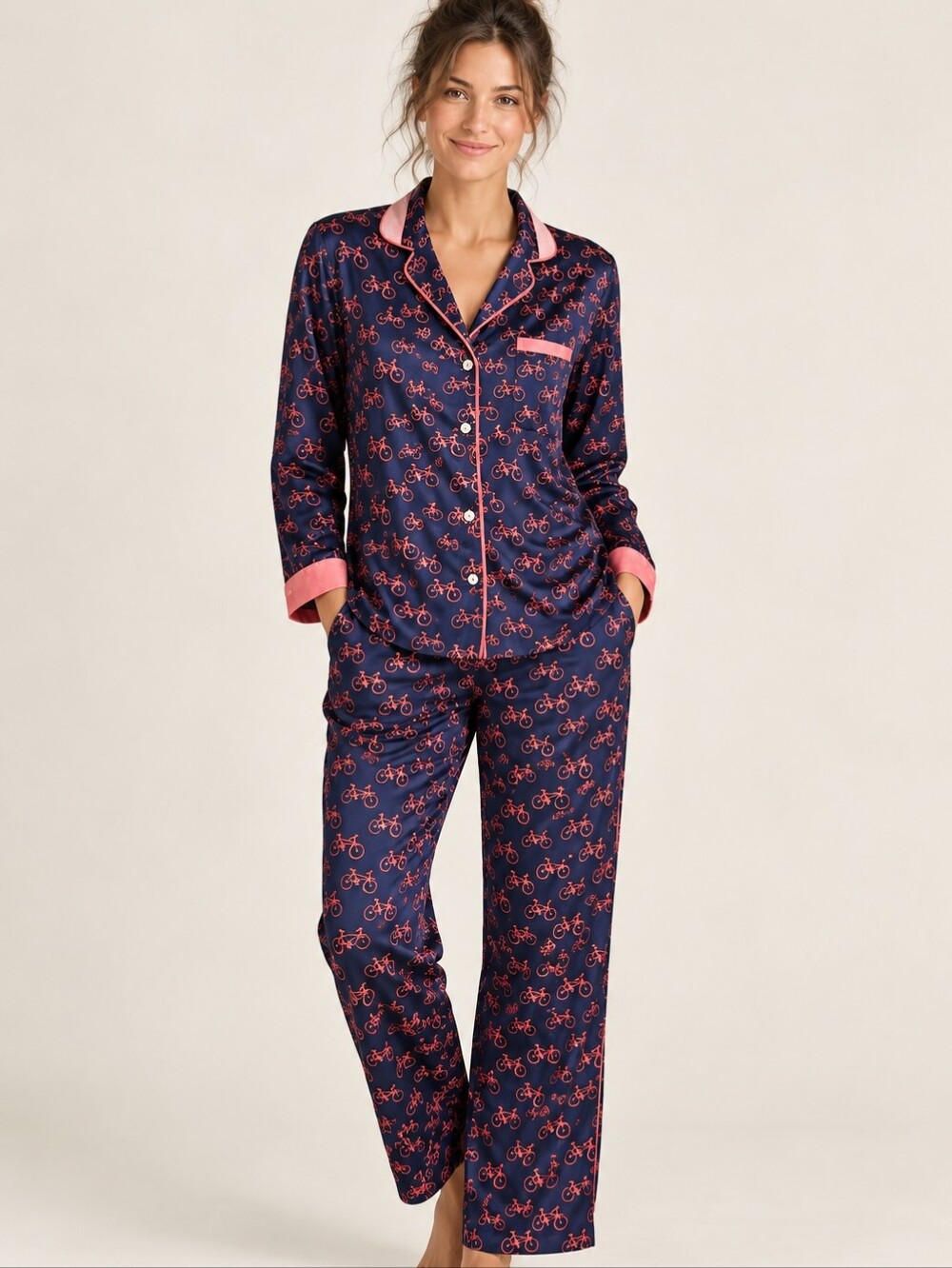 E by Eloise Anthropologie Navy Pink Satin Bicycle Print Pajama Set Size M